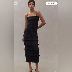 V. Chapman Black Lily Ruched Ruffle Stretch Satin Midi Dress